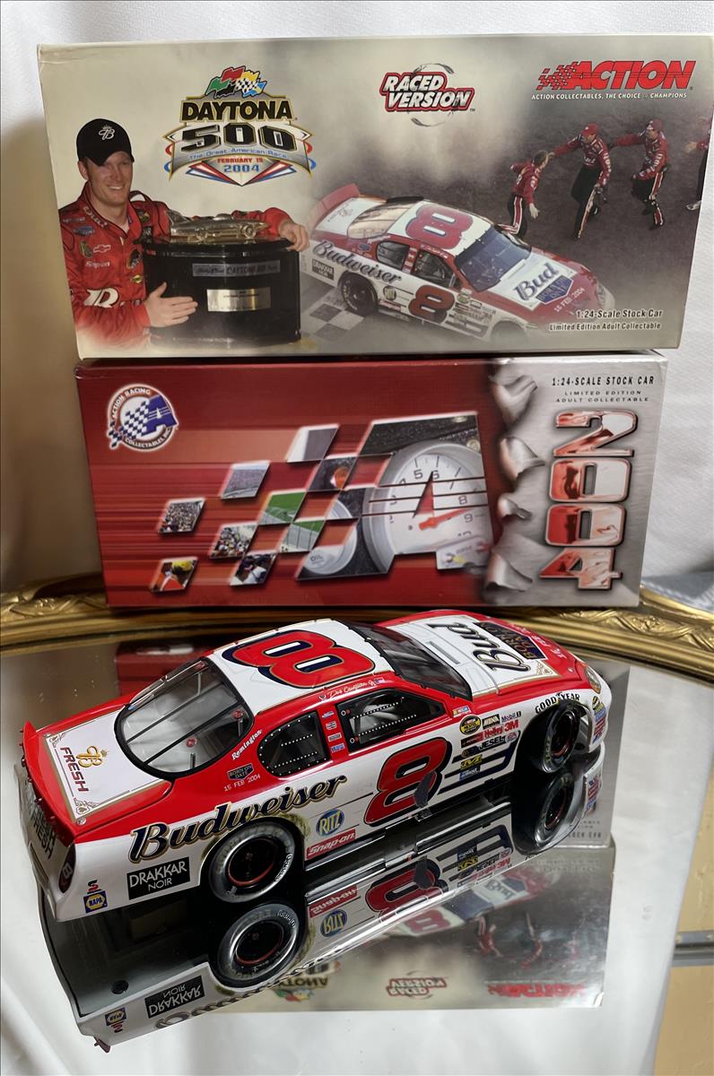 2004 Dale Earnhardt Jr NASCAR Diecast 8 Bud Budweiser BOD Born On Date Feb 15 Daytona 500 Win Raced Version CWC 1:24 Action ARC 1